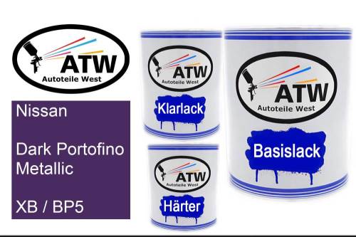 Nissan, Dark Portofino Metallic, XB / BP5: 1L Lackdose + 1L Klarlack + 500ml Härter - Set, von ATW Autoteile West.